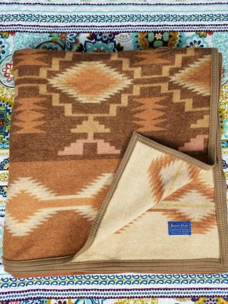 Pendleton Vintage Beaver State Wool Tan Brown Southwestern Blanket 89 X 87 King