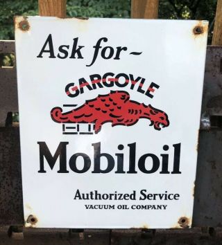 Vintage Mobiloil Porcelain Sign,  Pump,  Mobil Gas Station,  Motor Oil,  Gargoyle