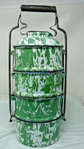 Rare Early Vintage Green Swirl Graniteware 4 Piece Stackable Food Picnic Carrier