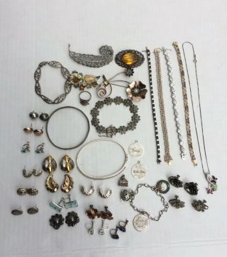 291 Grams Of Vintage Sterling Silver Jewelry Pins Bracelets Earrings & More