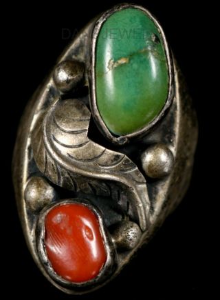 Rustic 1960s Old Pawn Vintage Navajo Sterling & Turquoise Ring Size 11.  5