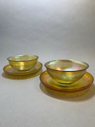 Antique L C T Tiffany Favrile Signed Iridescent Art Glass Saucer Dish Bowl Set