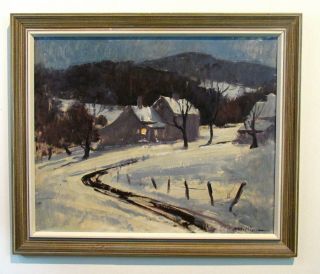 Vintage Oil Painting Impressionistic American Night Winter Scene H.  R.  Ballinger