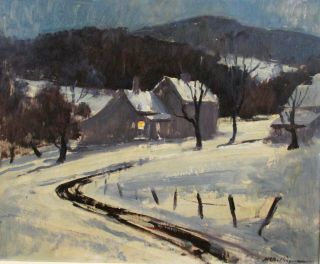Vintage Oil Painting Impressionistic American Night Winter Scene H.  R.  Ballinger 2