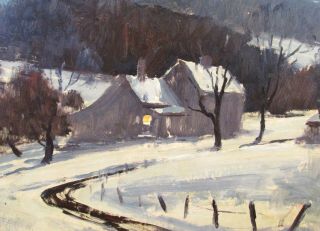 Vintage Oil Painting Impressionistic American Night Winter Scene H.  R.  Ballinger 8