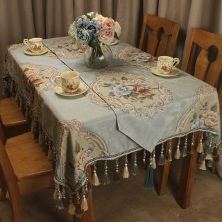 CURCYA Vintage Tablecloth Jacquard Blue Luxury Table Cloth Cover Formal Decor 2