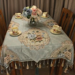 CURCYA Vintage Tablecloth Jacquard Blue Luxury Table Cloth Cover Formal Decor 3
