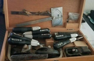 Vintage X - Acto Set With Many Extra Tools And Wood Dovetail Box