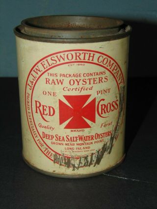 TWO ANTIQUE LONG ISLAND NY TIN OYSTER CANS - SHELTER ISLAND & RED CROSS BRAND 4