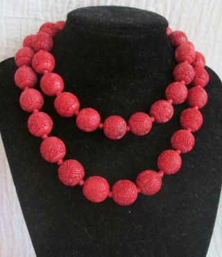 Chinese Export Carved Cinnabar Shou Beaded Necklace - Silver Clasp - 31 "