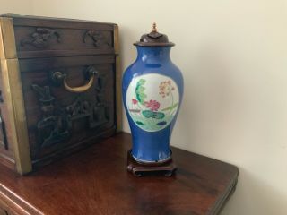 fine 19thc Chinese powder blue baluster vase with hardwood stand and cover. 2