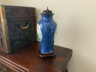 fine 19thc Chinese powder blue baluster vase with hardwood stand and cover. 5