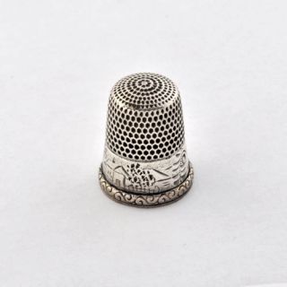 Antique Lovely Sunny Scenes Of House & Trees Motif On Sterling Thimble Size 10