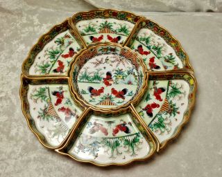 7 Piece Chinese Porcelain Lazy Susan/sweet Meat Dishes - Fighting Roosters Pattern