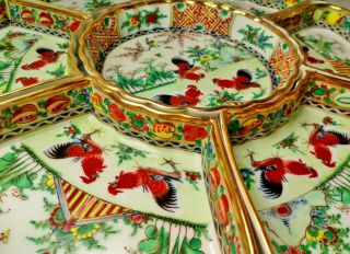 7 Piece Chinese Porcelain Lazy Susan/Sweet Meat Dishes - Fighting Roosters Pattern 3