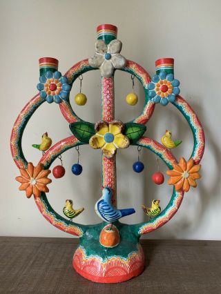 Vintage Mexican Ceramic Pottery Tree Of Life Candelabra Castillo Family