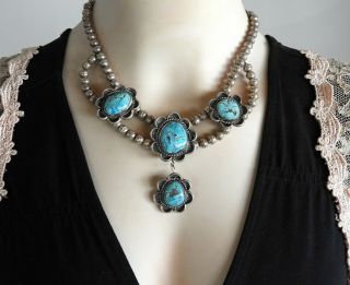 Vintage Necklace Solid 925 Sterling Silver Southwestern Turquoise Stone Ball