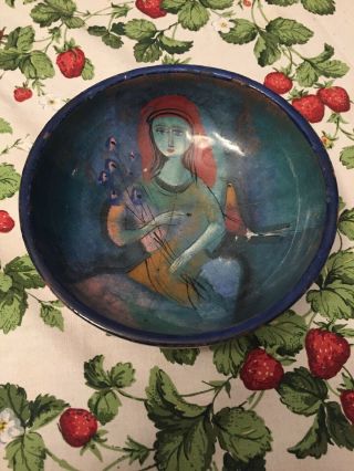 Vtg Mid - Century Polia Pillin Studio Art Pottery Dish Plate Woman W/bird