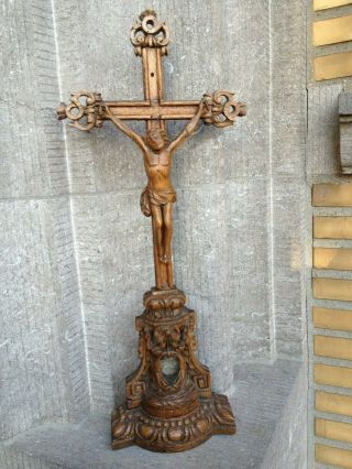 Antique Ornamental Church Altar Standing Carved Wood Cross Crucifix Jesus Corpus