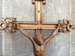 Antique Ornamental Church Altar Standing Carved Wood Cross Crucifix Jesus Corpus 4