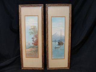 Vintage Japanese Watercolors Mt Fuji Boats