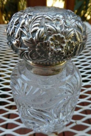 Antique Victorian Sterling Silver Repousse Lid Crystal Fancy Perfume Large