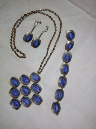 Jorgen Jensen Set Necklace,  Earrings,  Bracelet - Pewter/blue Stones - Signed