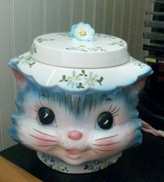 Vintage Lefton Miss Priss Cookie Jar Blue Kitten Cat Pink Nose
