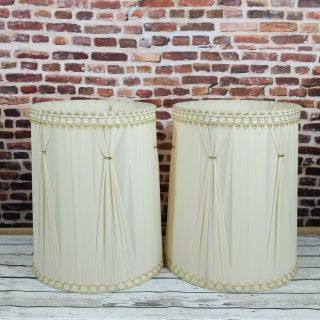 Mid Century Lamp Shades Drum Pleated Off White Gold Barrel Tall 18 " 15 " Vintage