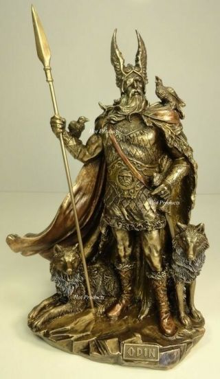 Odin Viking Norse Mythology God W Wolves Statue Antique Bronze Finish