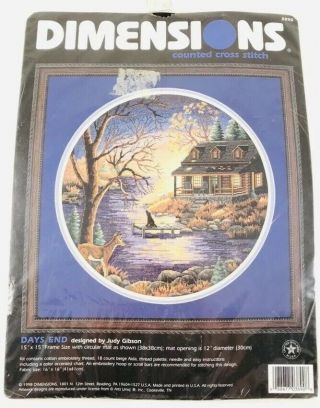 Vtg Dimensions " Days End " Counted Cross Stitch Kit 1998 Outdoor Cabin Lake 15x15