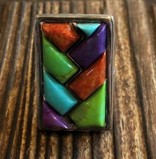 Vintage Jay King Blue,  Green,  Purple Turquoise & Coral Ring,  Size 9 Sterling Slv