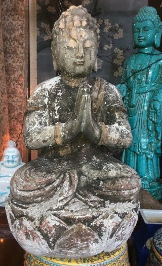Antique Chinese Wood Carving Buddha China Statue Meditating Lotus Flower 24 "