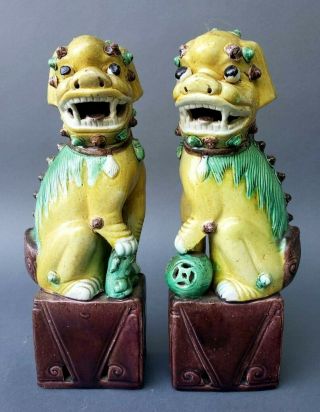 Pair Antique Foo Dogs Glazed Porcelain Figures