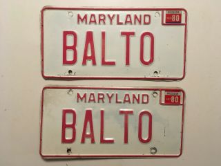 Vanity License Plate Balto Baltimore Maryland Pair Vintage Plates 1980
