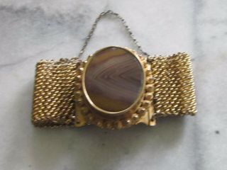 Etruscan Style Agate/pinchbeck Metal Bracelet.  Fine Mesh W/safety Chain.  Uk.
