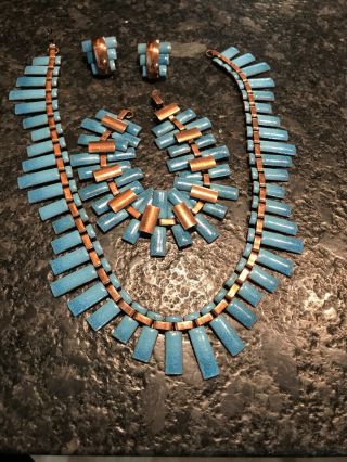 Vtg Copper Turquoise Enamel Peter Pan Necklace Bracelet Earrings Matisse Modern