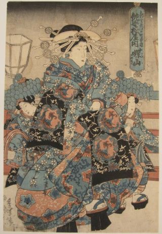 Antique Japanese Ukiyo - E Woodblock Print Geisha Ornate Kimono Headdress