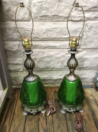 Pair Vintage Mid Century Green Glass Metal Table Lamp Bottoms Light Up