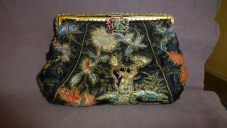 Antique Chinese Silk Bag Hand Embroidered with Enamel Decoration & Beads 2