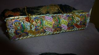 Antique Chinese Silk Bag Hand Embroidered with Enamel Decoration & Beads 4