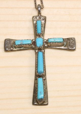 Lupe Iule Zuni Vintage Sterling Silver Turquoise Cross Pendant Necklace 218d - 14