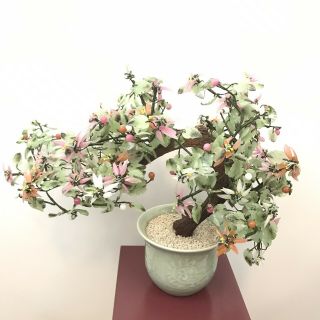 Vintage Jade Bonsai Tree,  Home Decor Floral Glass Flower Tree 14x21”