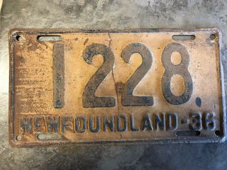 1936 Newfoundland Canada Licence Plate Antique Rare Plate