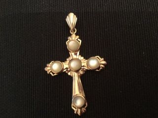 Vintage 14k Yellow Gold Mother Of Pearl Cross Pendant -