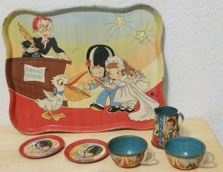 6 Vintage Tin Metal Litho Childrens Ohio Toy Play Dishes Bride & Groom