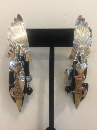 Tabra Wing Sterling Silver & Onyx Dangle,  Vtg,  Post Earrings