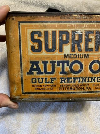 Vintage Early Rare Antique Supreme Auto Oil Gulf Refining Co One Gallon Oil Can 2