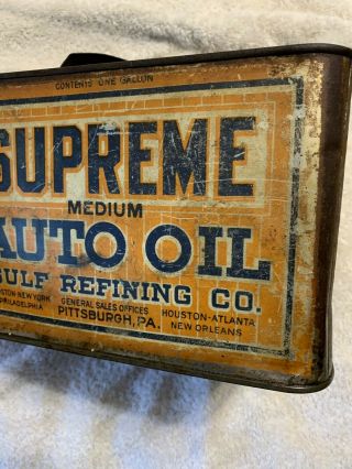 Vintage Early Rare Antique Supreme Auto Oil Gulf Refining Co One Gallon Oil Can 3