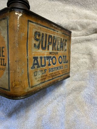 Vintage Early Rare Antique Supreme Auto Oil Gulf Refining Co One Gallon Oil Can 7